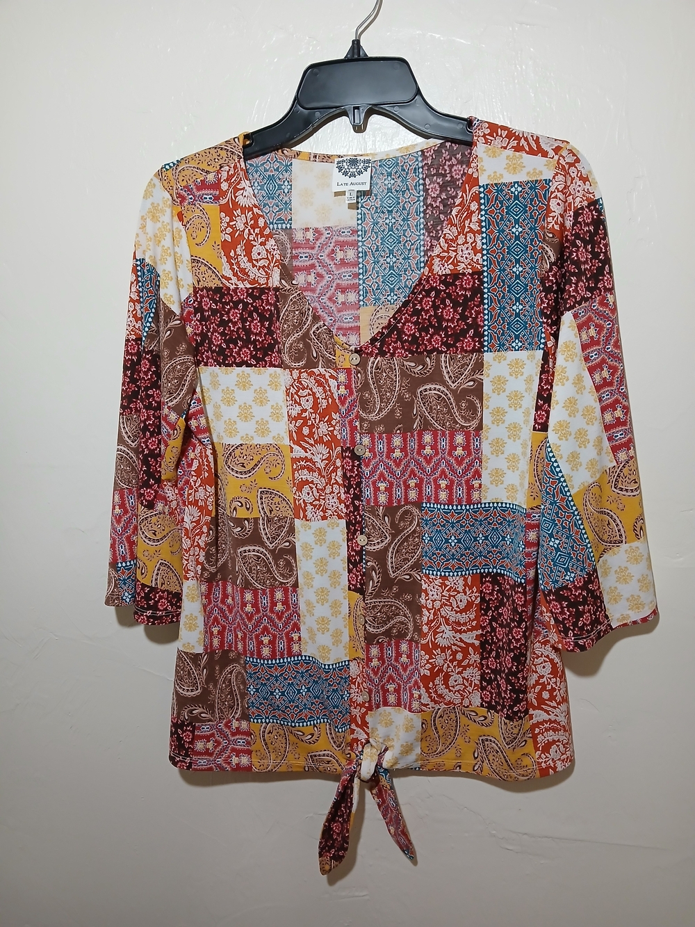 Patchwork Bohemian Paisley Patterned 3/4  Sleeve Tie-Front Women's Blouse Sz. L